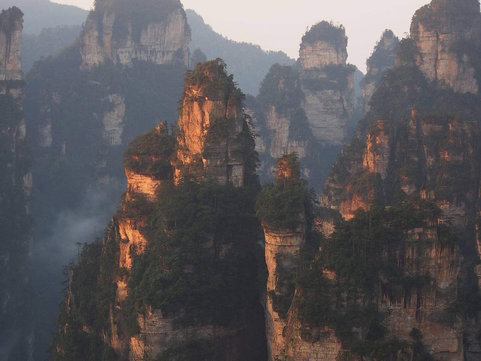 Sandstone pillars of Zhangjiajie lit by sunrise